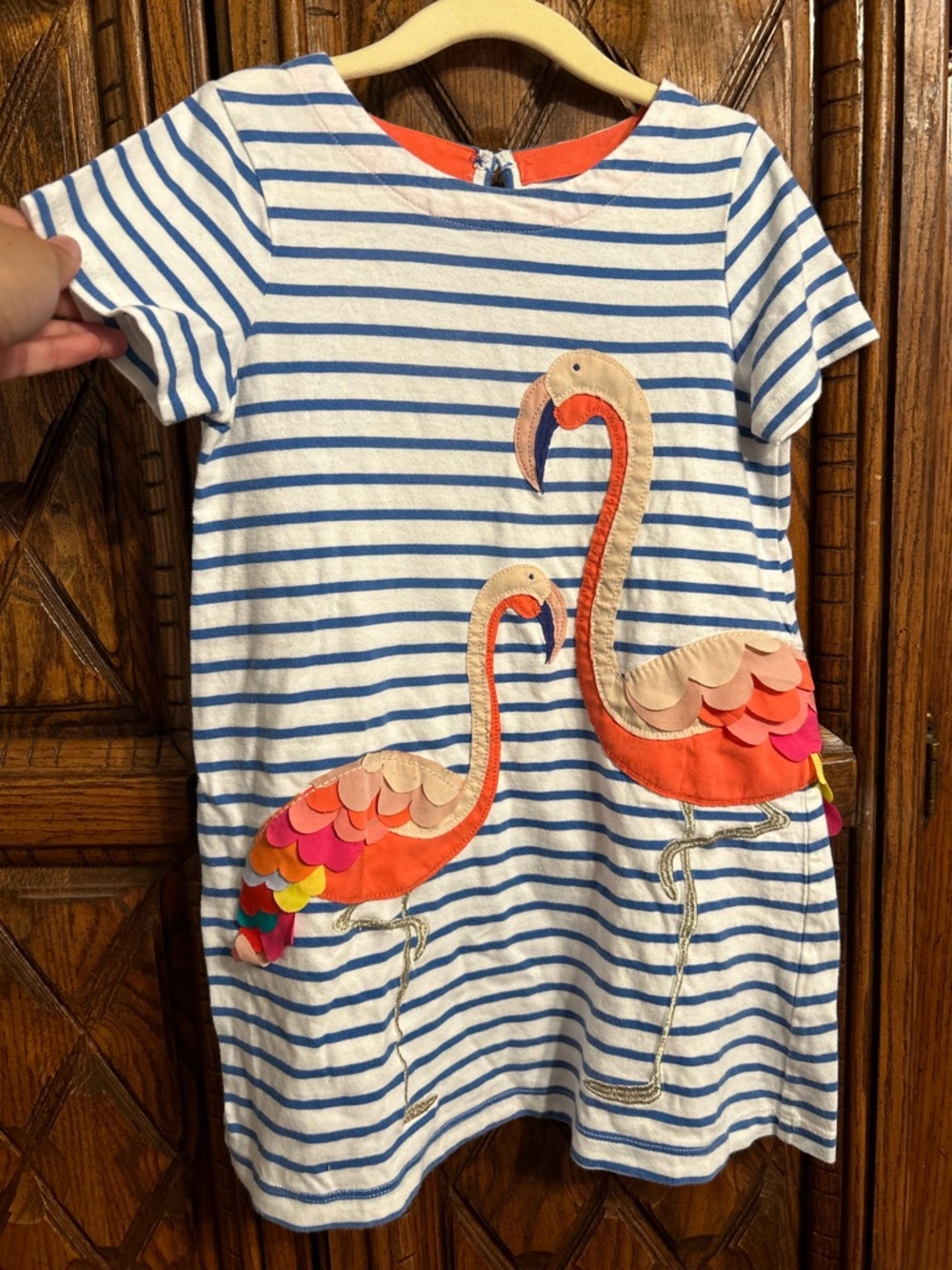 Girls mini boden Striped Dress with Colorful Flamingo Appliqués